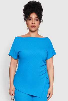Womens Plus Size Textured Knit Asymmetrical Top, Blue, Size 2X