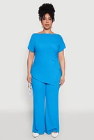 Womens Plus Size Textured Knit Asymmetrical Top, Blue, Size 2X