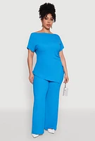 Womens Plus Size Textured Knit Asymmetrical Top, Blue, Size 2X