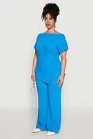 Womens Plus Size Textured Knit Asymmetrical Top, Blue, Size 2X