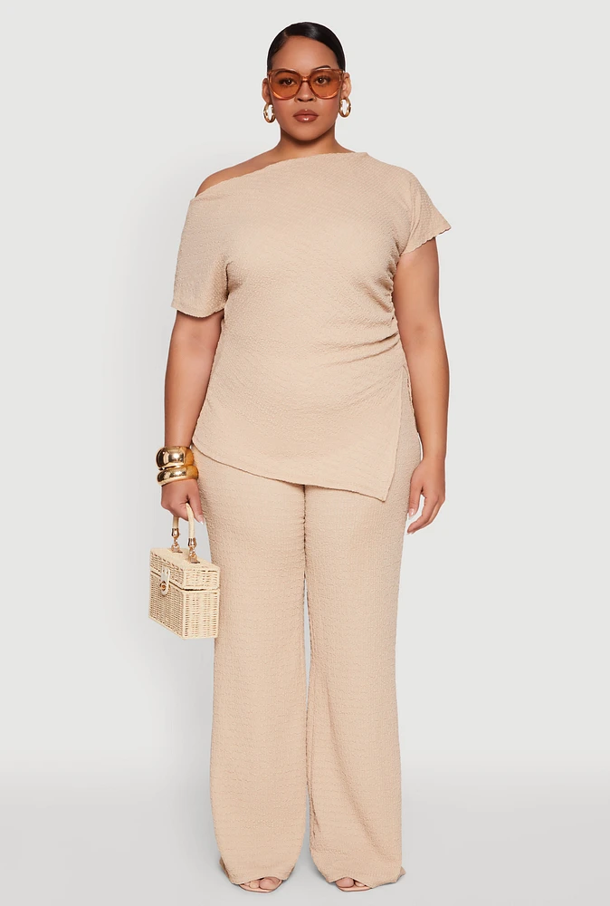 Womens Plus Size High Waisted Textured Knit Pants, Beige, Size 2X