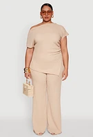 Womens Plus Size High Waisted Textured Knit Pants, Beige, Size 2X