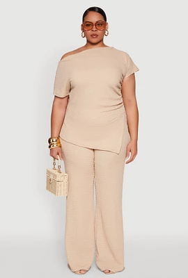 Womens Plus Size High Waisted Textured Knit Pants, Beige, Size 2X