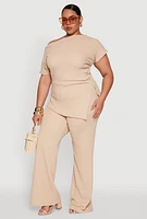 Womens Plus Size High Waisted Textured Knit Pants, Beige, Size 2X
