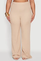 Womens Plus Size High Waisted Textured Knit Pants, Beige, Size 2X