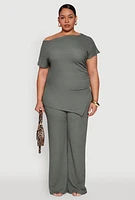 Womens Plus Size High Waisted Textured Knit Pants, Green, Size 3X