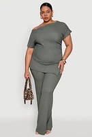 Womens Plus Size High Waisted Textured Knit Pants, Green, Size 3X