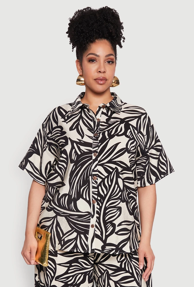 Womens Plus Size Leaf Print Blouse, Multi, Size 1X