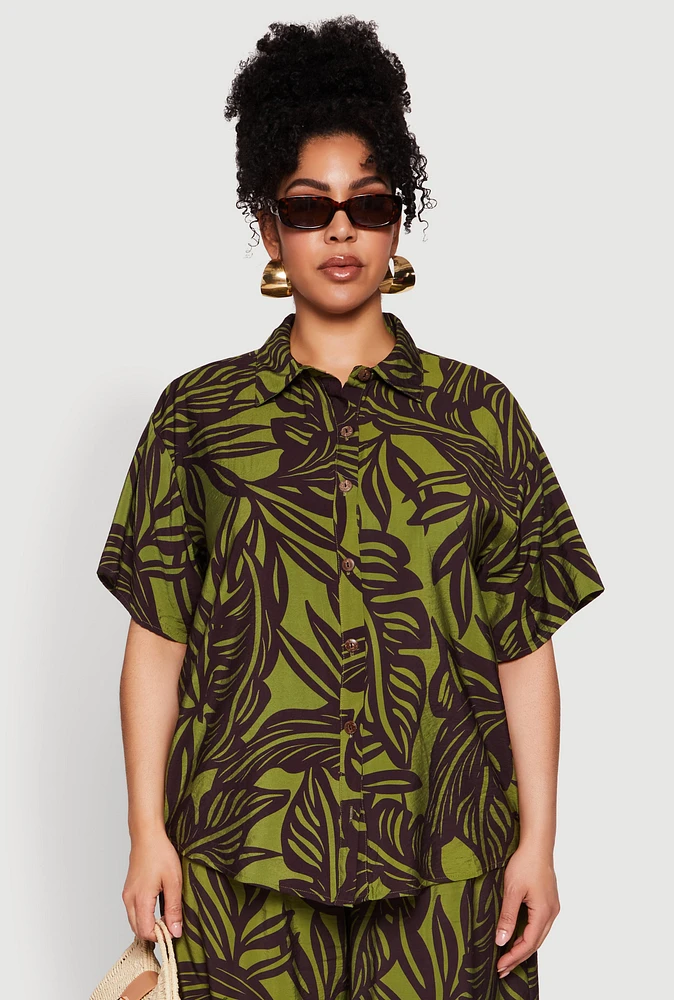 Womens Plus Size Leaf Print Blouse, Green, Size 3X