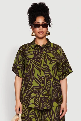 Womens Plus Size Leaf Print Blouse, Green, Size 3X