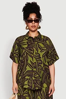 Womens Plus Size Leaf Print Blouse, Green, Size 3X
