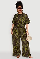 Womens Plus Size Leaf Print Blouse, Green, Size 3X