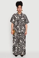 Womens Plus Leaf Print Smocked Waist Pants, Multi,