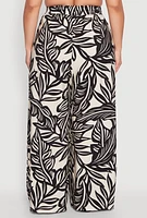 Womens Plus Leaf Print Smocked Waist Pants, Multi,