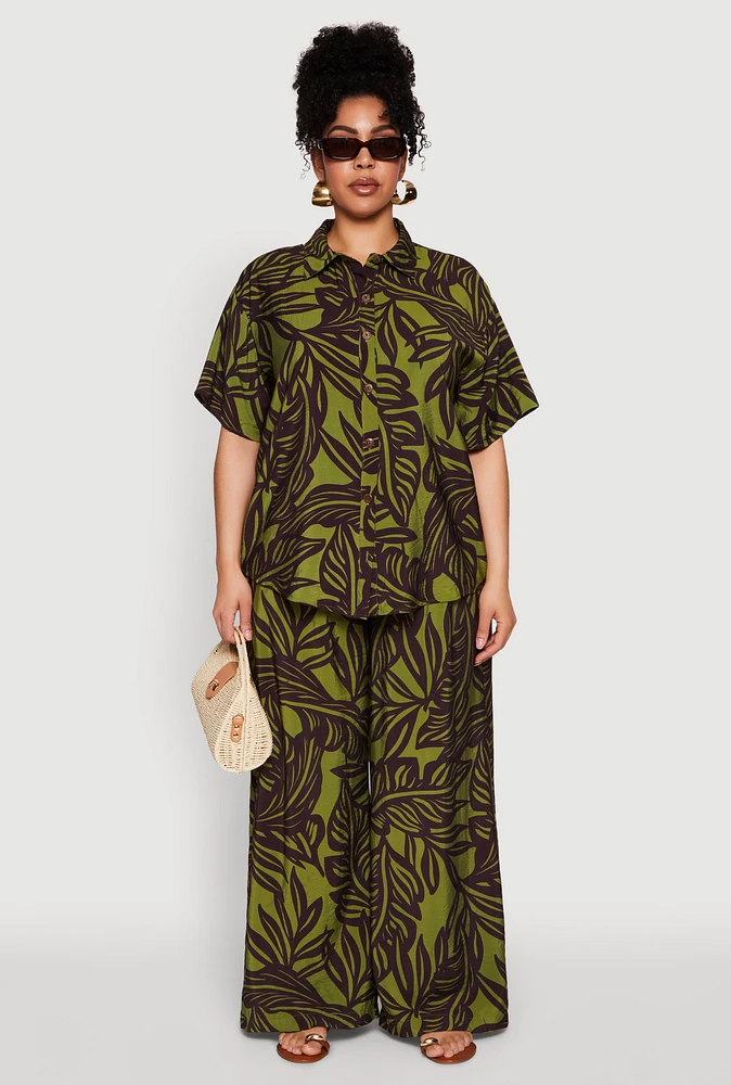 Womens Plus Size Leaf Print Smocked Waist Pants, Green, Size 1X