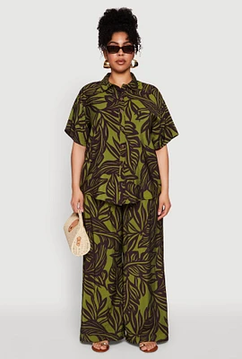 Womens Plus Size Leaf Print Smocked Waist Pants, Green, Size 1X