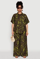 Womens Plus Size Leaf Print Smocked Waist Pants, Green, Size 1X