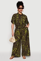 Womens Plus Size Leaf Print Smocked Waist Pants, Green, Size 1X