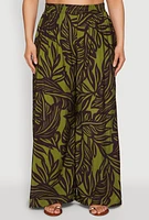 Womens Plus Size Leaf Print Smocked Waist Pants, Green, Size 1X