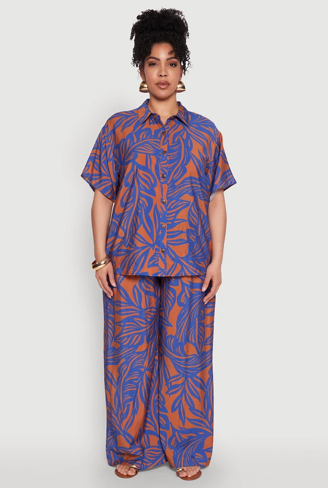 Womens Plus Leaf Print Smocked Waist Pants, Multi,