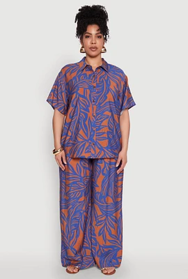 Womens Plus Leaf Print Smocked Waist Pants, Multi,