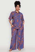 Womens Plus Leaf Print Smocked Waist Pants, Multi,