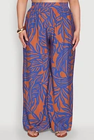 Womens Plus Leaf Print Smocked Waist Pants, Multi,