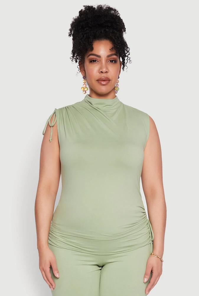 Womens Plus Size Mock Neck Side Ruched Top, Green, Size 1X