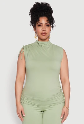 Womens Plus Size Mock Neck Side Ruched Top, Green, Size 1X