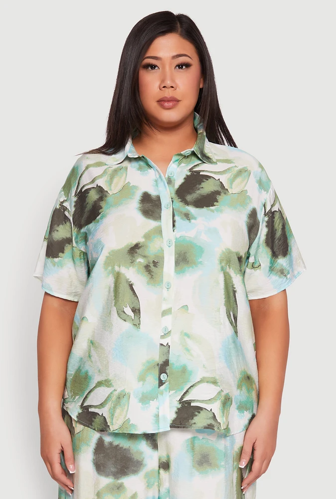 Womens Plus Abstract Leaf Print Blouse,