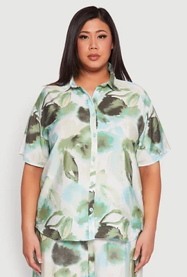 Womens Plus Abstract Leaf Print Blouse,