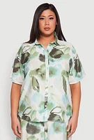 Womens Plus Abstract Leaf Print Blouse,