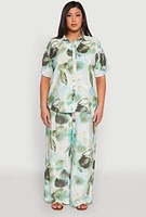Womens Plus Abstract Leaf Print Blouse,