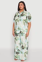 Womens Plus Abstract Leaf Print Blouse,