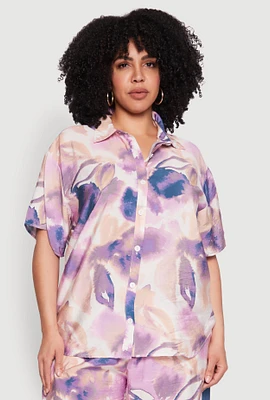 Womens Plus Abstract Leaf Print Blouse, Purple,
