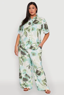 Womens Plus Size Water Color Graphic Palazzo Pants, Green, Size 2X