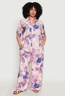 Womens Plus Size Water Color Graphic Palazzo Pants, Purple, Size 3X