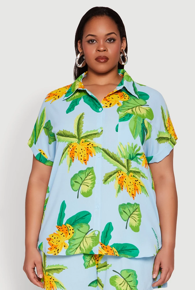 Womens Plus Banana Tropical Print Shirt, Multi,