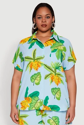 Womens Plus Banana Tropical Print Shirt, Multi,