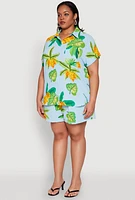 Womens Plus Banana Tropical Print Shirt, Multi,