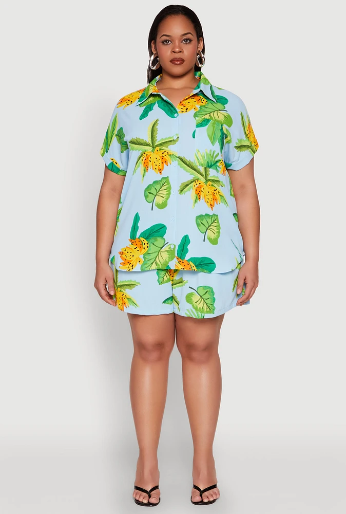 Womens Plus Size Banana Tropical Print Shorts, Multi, Size 2X