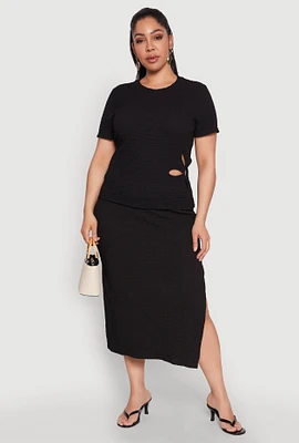 Womens Plus Size Textured Knit Midi Skirt, Black, Size 1X