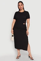 Womens Plus Size Textured Knit Midi Skirt, Black, Size 1X