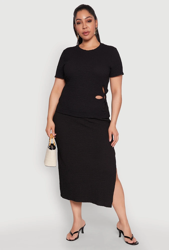 Womens Plus Textured Knit Midi Skirt, Black,
