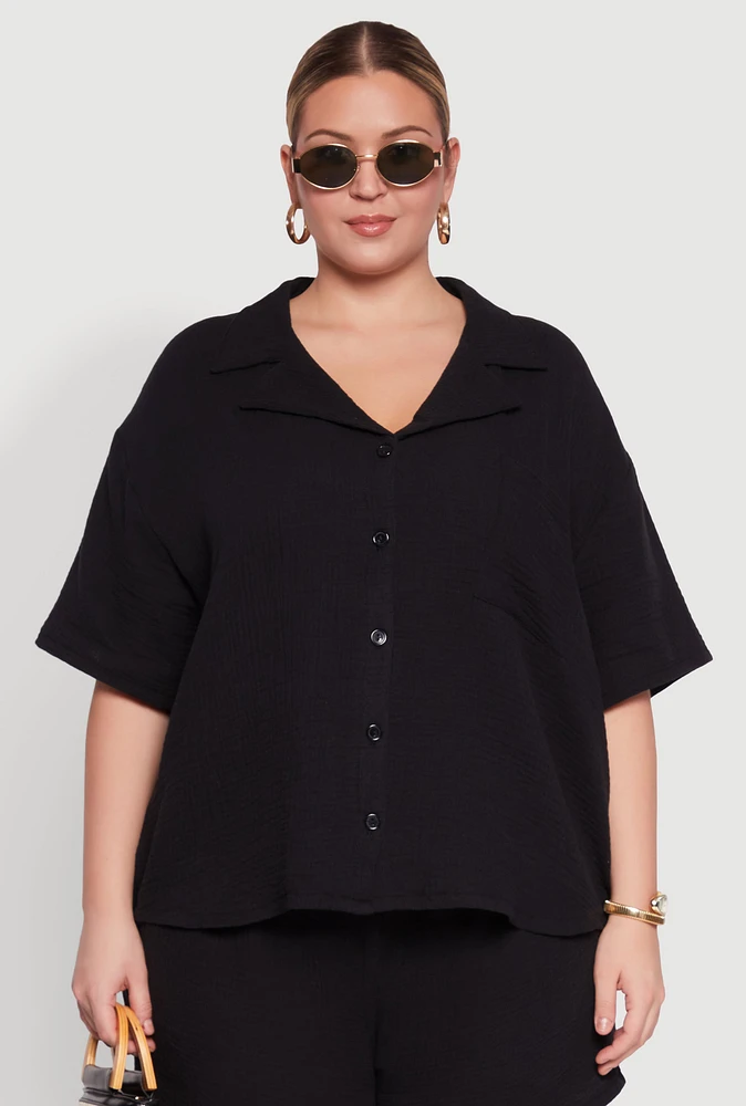 Womens Plus Gauze Knit Short Sleeve Shirt,