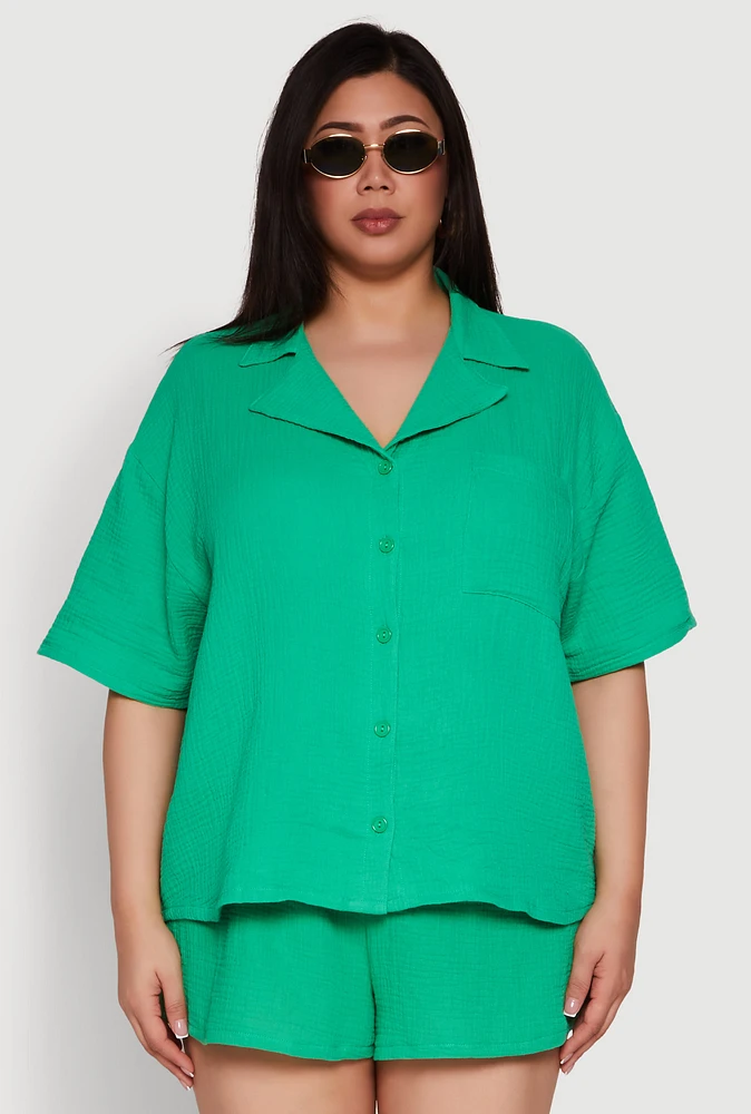 Womens Plus Size Gauze Knit Short Sleeve Shirt, Green, Size 3X