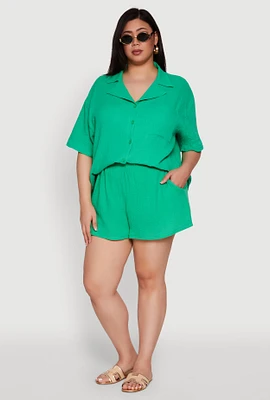 Womens Plus Size Gauze Knit Shorts, Green, Size 1X