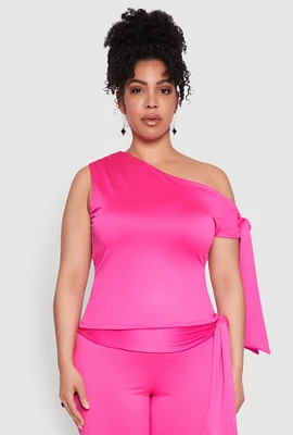 Womens Plus Size Side Tie One Shoulder Top, Pink, Size 3X