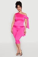 Womens Plus Size Side Tie One Shoulder Top, Pink, Size 3X
