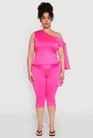 Womens Plus Size Side Tie One Shoulder Top, Pink, Size 3X